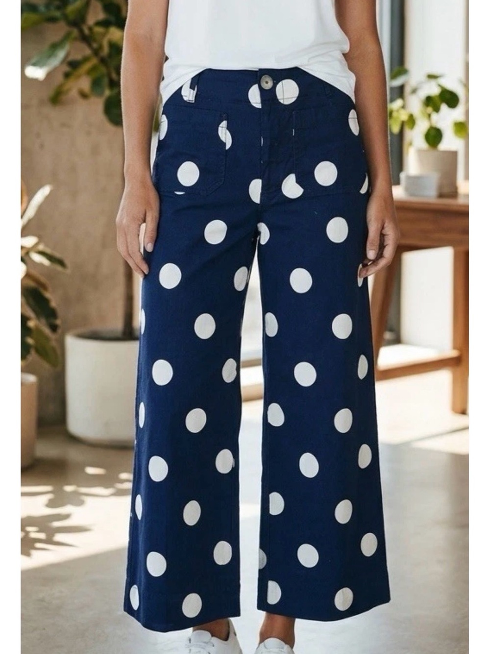 Maeve Anthropologie Polka Dot Wide-Leg CroppedPants - Navy & White Sz 26